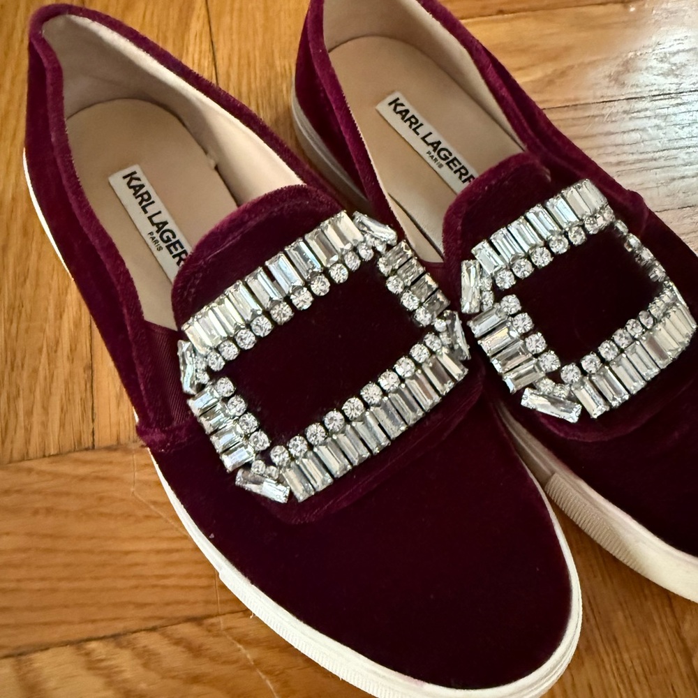 Karl Lagerfeld Burgundy Velvet Loafers with Crystal Embellishments